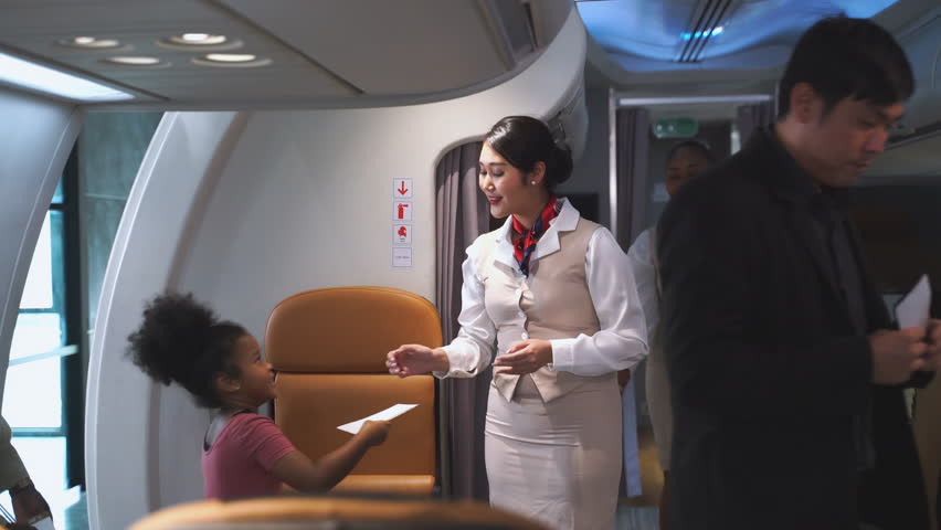 Passengers boarding the plane with boarding pass checked by flight attendants while welcoming at plane entrance. Concept of airline, business, transportation and multiracial stewardess on aircraft.