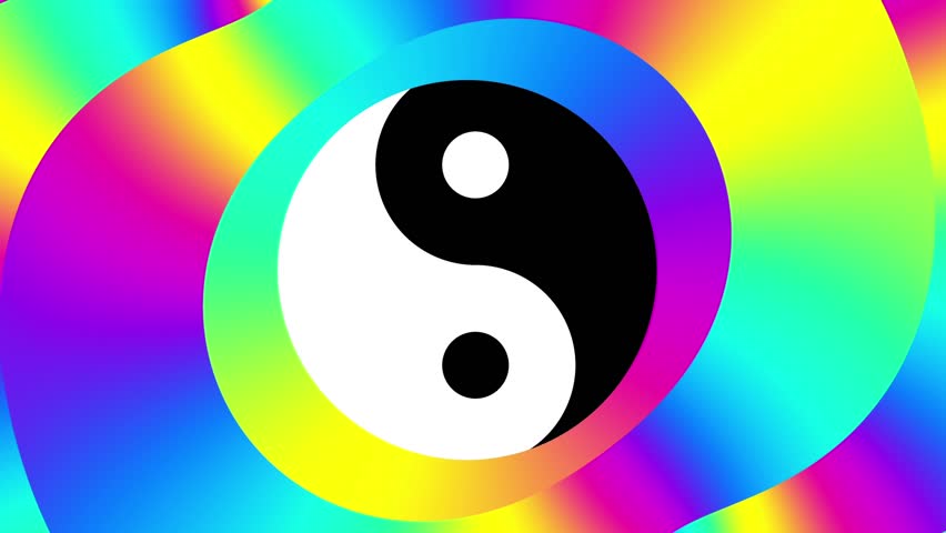 Swirling yin-yang symbol on colorful background. Looping footage.
