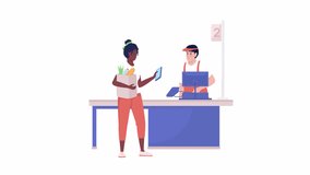 Animated mobile payment. Contactless checkout in store. Full body flat person on white background with alpha channel transparency. Colorful cartoon style HD video footage of character for animation