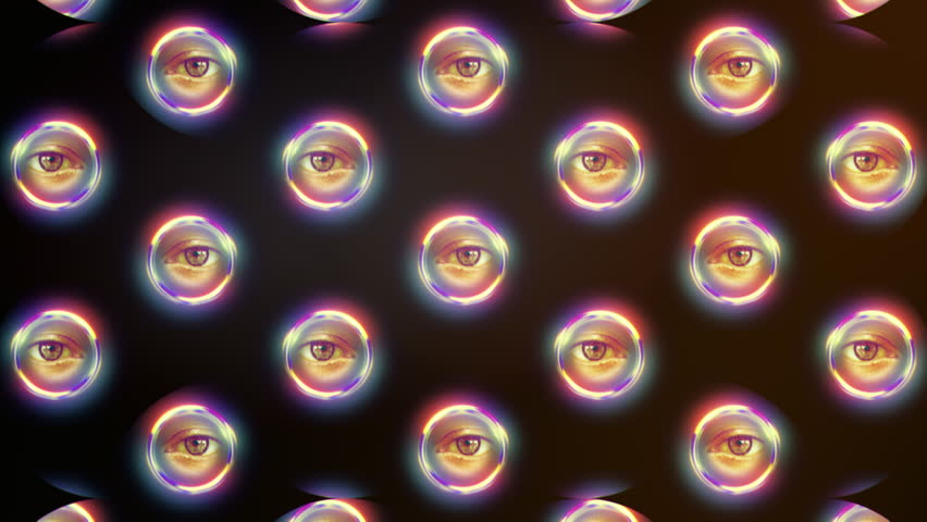 Glow Eyes Circles Growing Strange Motion Background. Hypnotic eye stares in glowing circles growing on a bizarre background. Motion background Royalty-Free Stock Footage #1098541575