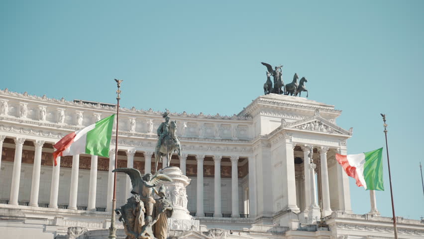 Historical monument to Vittorio Emanuele II in Rome on Venice Square, architectural heritage of ancient Roman Empire culture, white stone memorial dedicated to former King of Italy. Italian famous