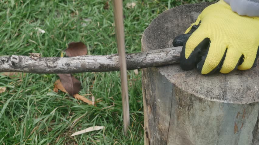 sawing a dry branch with a hand hacksaw on a stump, close-up.