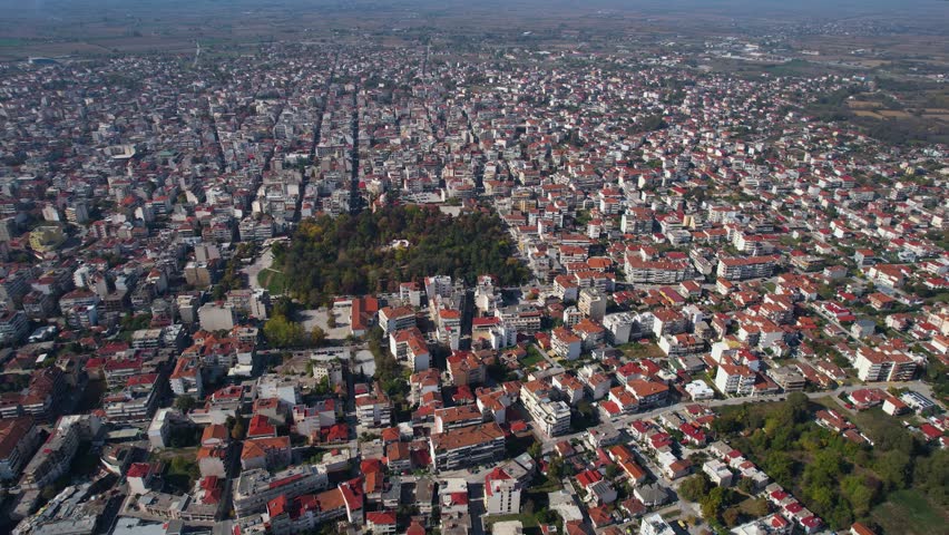 Aerial view of the city Karditsa in Greece on a cloudy day in afternoon