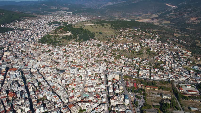 Aerial view of the city Lamia in Greece on an early morning in autumn