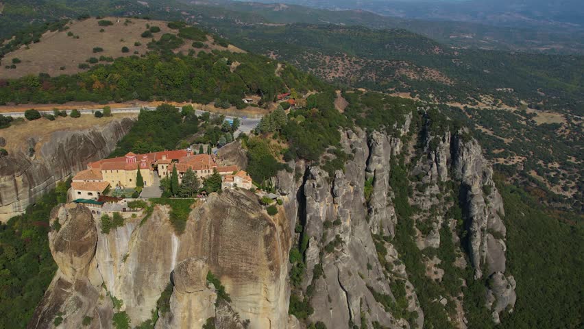 Aerial view around Meteora, Kalabaka, Monastère on a sunny day in Greece