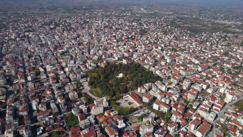 Aerial view around the city Karditsa in Greece on a sunny day in autumn	