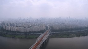 Korea drone footage, Seoul, Han river, Bridge landscape