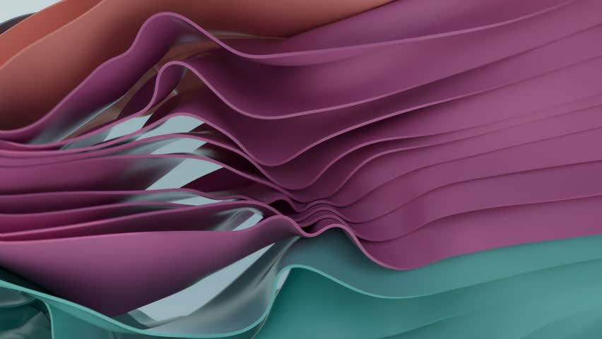 Fabric layers fluttering slowly. 4K CGI abstract background. Colorful visualization. Light blue. Pink. Orange.