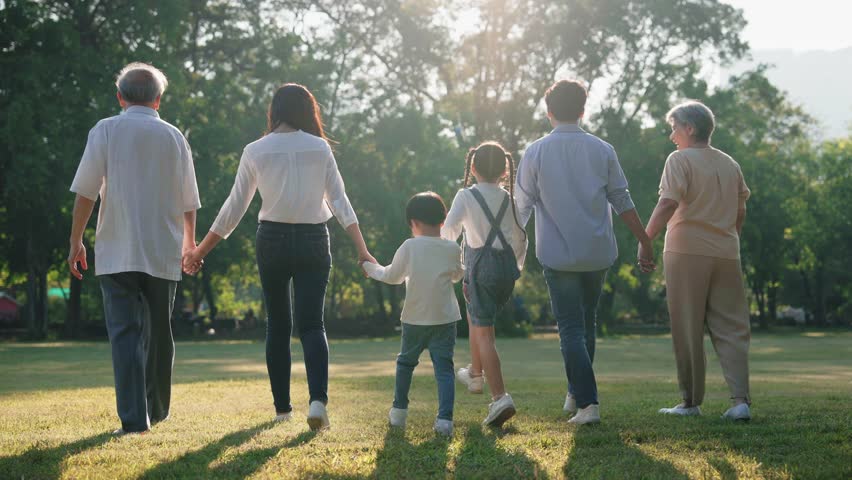 Happy Asian family walking in the park, Outdoor with big family and summer season concept Royalty-Free Stock Footage #1098555597