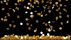 Gold coin rain. Transparent background. 3D render to use in horizontal videos.