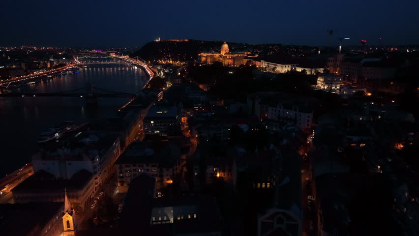 Aerial night view of Buda Castle Royal Palace in Budapest, Hungary 