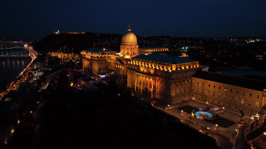Aerial night view of Buda Castle Royal Palace in Budapest, Hungary 