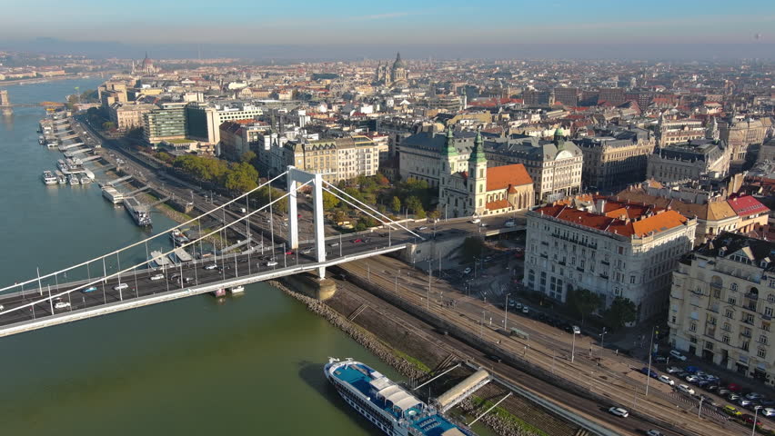 Establishing Aerial View Shot of Budapest, Hungary. Elisabeth Bridge or Erzsébet híd is the third newest bridge of Budapest, Hungary, connecting Buda and Pest across the River Danube | Shutterstock HD Video #1098559371