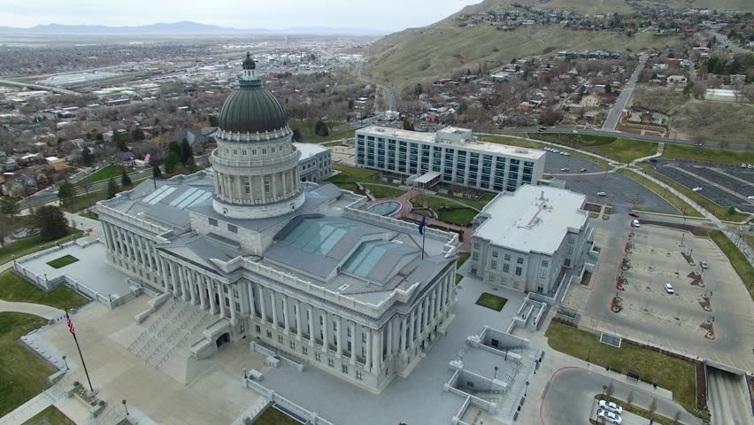 Aerial view looking down at the Utah State Capitol building, home of local politics.
