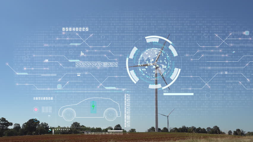 Electric vehicle car in the hologram on a wind turbine with environment ecology sign hologram sustainable clean energy. | Shutterstock HD Video #1098571221