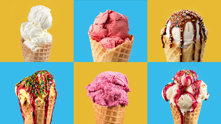 Ice cream of various colors changing at yellow and blue backgrounds. Stop motion of six ice creams. Sweet desserts. Food concept. Colorful ice cream. 4K, UHD