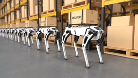 4K Robotic delivery dog in a factory, Concept Robot dog delivering goods