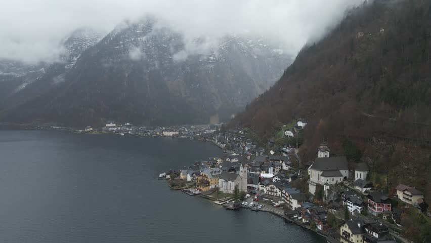 Aerial view of Hallstatt along the Hallstatter See in winter, Upper Austria, Austria.