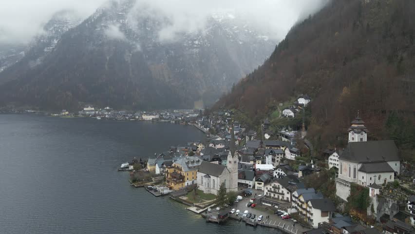 Aerial view of Hallstatt along the Hallstatter See in winter, Upper Austria, Austria.