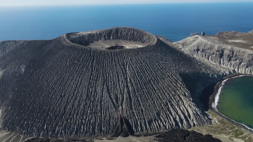 Aerial view of the volcano crater on Isla san Benedicto, a volcanic island in the Pacific Ocean, Colima, Mexico.