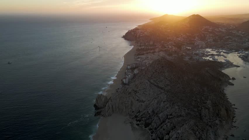 Aerial view of Cabo San Lucas at sunset, Baja California, Mexico.