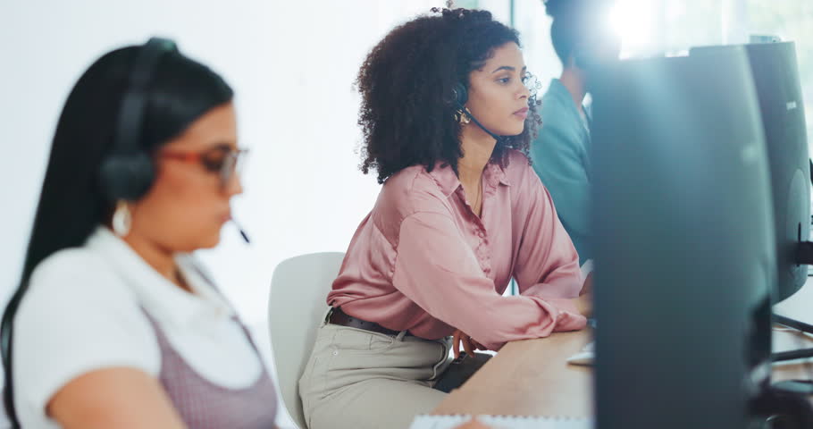 Stress, tired or black woman in call center with burnout or fatigue from working with pressure at office desk. Customer services, headache or exhausted sales agent frustrated with migraine or problem | Shutterstock HD Video #1098580019