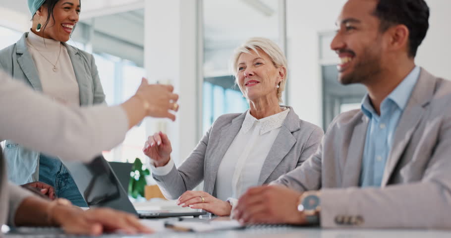 Handshake, partnership and business people clapping hands in celebration, congratulations or motivation. Collaboration, applause and senior woman shaking hands with company partner after success deal Royalty-Free Stock Footage #1098580103