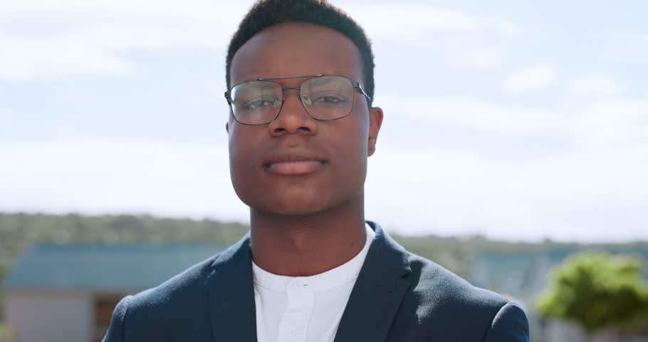 Businessman, face and focus with success and vision outdoor, corporate ceo with executive portrait. Professional, glasses and company headshot, black man leadership with management and career.