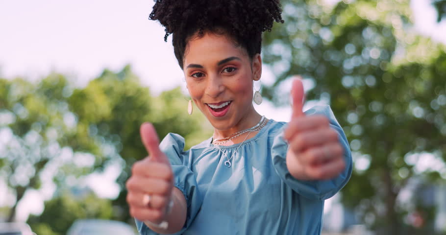 Face, black woman and thumbs up in nature, achievement and good news. African American female, girl and hands in positive action, winner and success with goal, deal and happiness for growth and smile | Shutterstock HD Video #1098580191