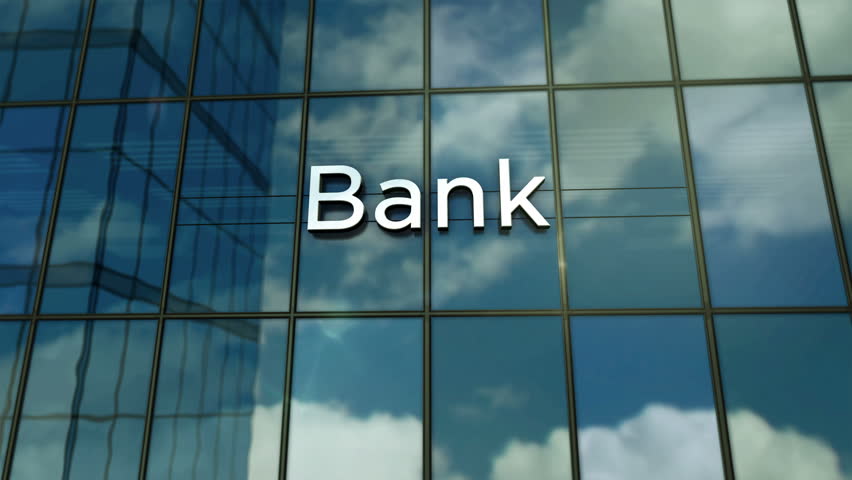 Bank glass building concept. Banking, economy, finance and money symbol on front facade 3d animation.