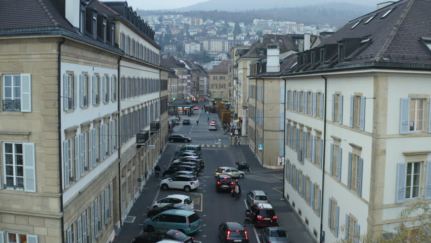 Aerial view of the old town of Neuchatel in Switzerland. 4K