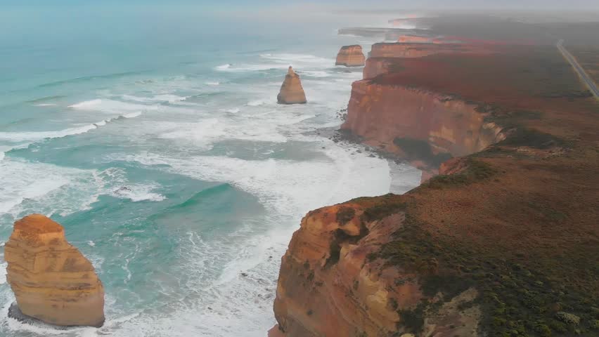Famous twelve apostles at sunrise, great ocean road in victoria, australia. Drone viewpoint