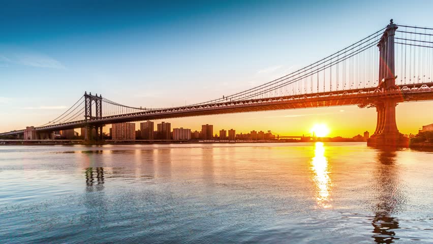 Manhattan Bridge sunrise timelapse made from Brooklyn Bridge Park in New York City (4k)