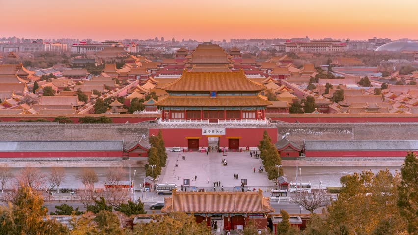 Beijing, China, time lapse view of historical landmark Forbidden City palace complex during summer.  The Forbidden City is one of the most visited tourist attractions in China “故宫博物馆” means Palace Mus