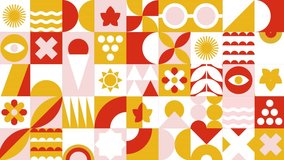 Vivid dynamic geometric pattern loop. Motion graphic loop animation in Bauhaus design. Colorful 4K and full HD video composition. Summer geometric banner made of dynamic abstract shapes.