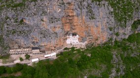 Aerial shot of the Ostrog Monastery or Monasterio de Ostrog in Montenegro. It is an important Orthodox religion center in Balkans