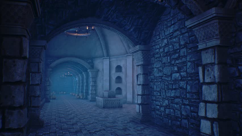 Medieval Dungeon, Walk in the Crypt, Coffins, Skulls, Candles, Skeletons 3D Animations Rendering CGI 4K Royalty-Free Stock Footage #1098593991