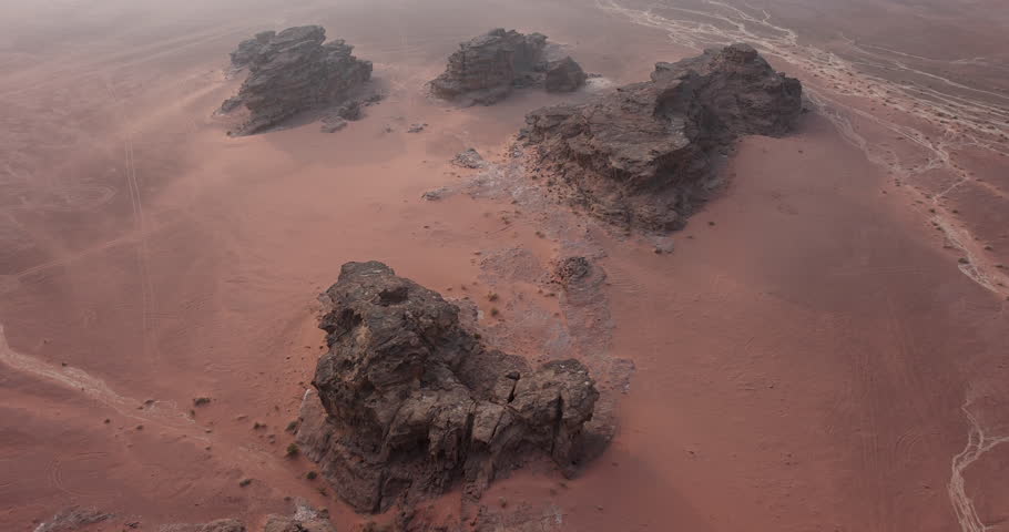 Aerial view of rock formations within Wadi Rum reserve in southern Jordan