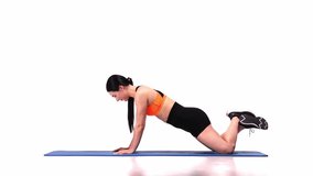 Young sportive girl training over white studio background. Plank and push-ups exercise. Modern sport, action, motion, youth concept. Fitness, hobby, healthy lifestyle