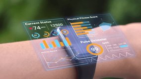 Futuristic hologram infographic display on smartwatch, 3d rendering medical data user interface screen app on hi-tech watch, heart rate SpO2 scanning and physical health condition UI technology - Powered by Shutterstock - Get 15% off with code: PIKWIZARD15