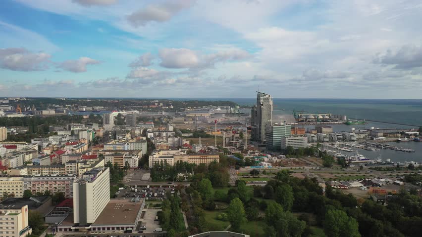 Drone shot over seaport city Gydnia Poland on coast of Baltic Sea during day 4k