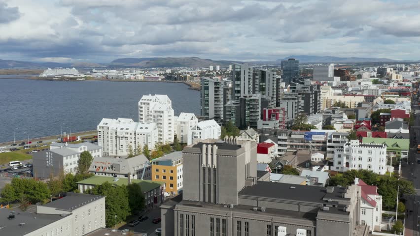Reykjavik coastal city center capital of Iceland, aerial