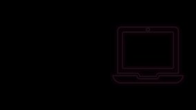 Glowing neon line Laptop icon isolated on black background. Computer notebook with empty screen sign. 4K Video motion graphic animation.