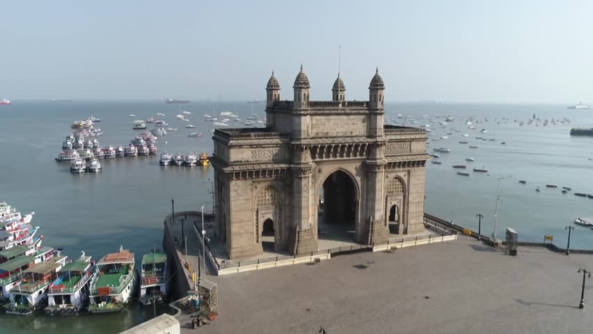 Aerial shot of the Gateway of India in Mumbai during Covid-19 Lockdown in India 
 Royalty-Free Stock Footage #1098615099