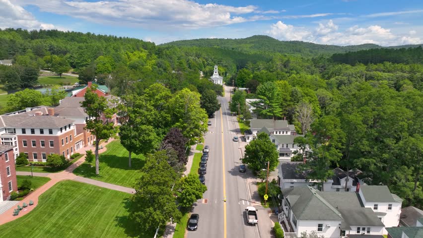 New Hampton historic center including Community Church and town hall aerial view on Main Street in summer in town of New Hampton, New Hampshire NH, USA. 