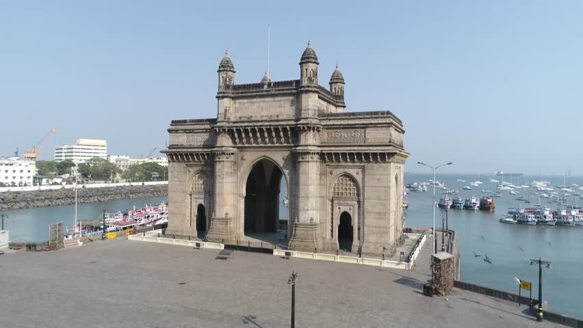 Aerial shot of the Gateway of India in Mumbai during Covid-19 Lockdown in India 
