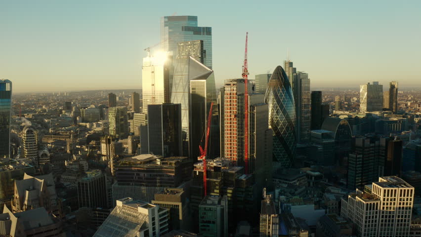 Establishing Aerial View Shot of London UK, refined City of London, United Kingdom. skyscraper,Walkie Talkie, The Shard,of Glass, Shard London Bridge. during sunset. Royalty-Free Stock Footage #1098616233