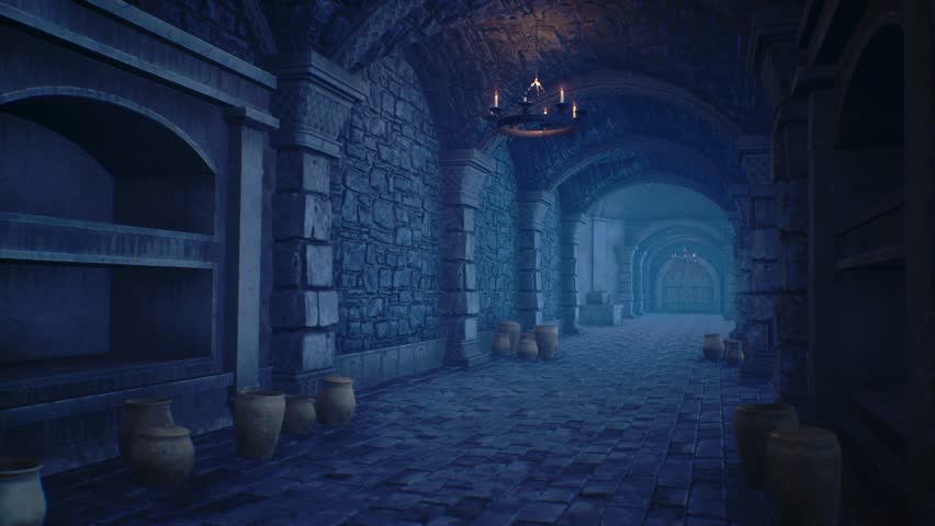 Medieval Dungeon, Walk in the Corridors, Skulls, Torches, Candles, Skeletons 3D Animations Rendering CGI 4K