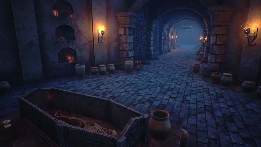 Medieval Dungeon, Coffin, Candles, Skeletons 3D Animations Rendering CGI 4K Royalty-Free Stock Footage #1098622593