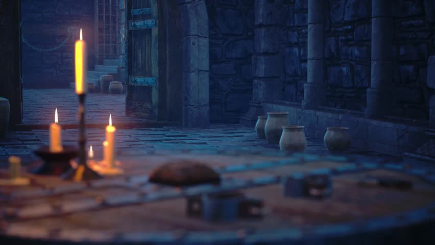 Medieval Dungeon, Table, Candles, Prisons, Chains, Torches 3D Animations Rendering CGI 4K Royalty-Free Stock Footage #1098622595